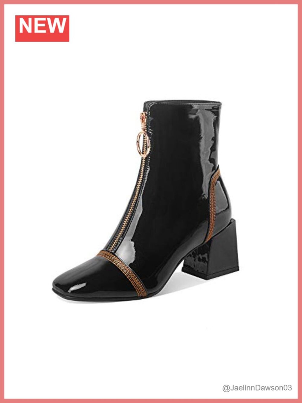 Patent Leather Square Toe Ankle Boots Mid Chunky Heel Front Zip
